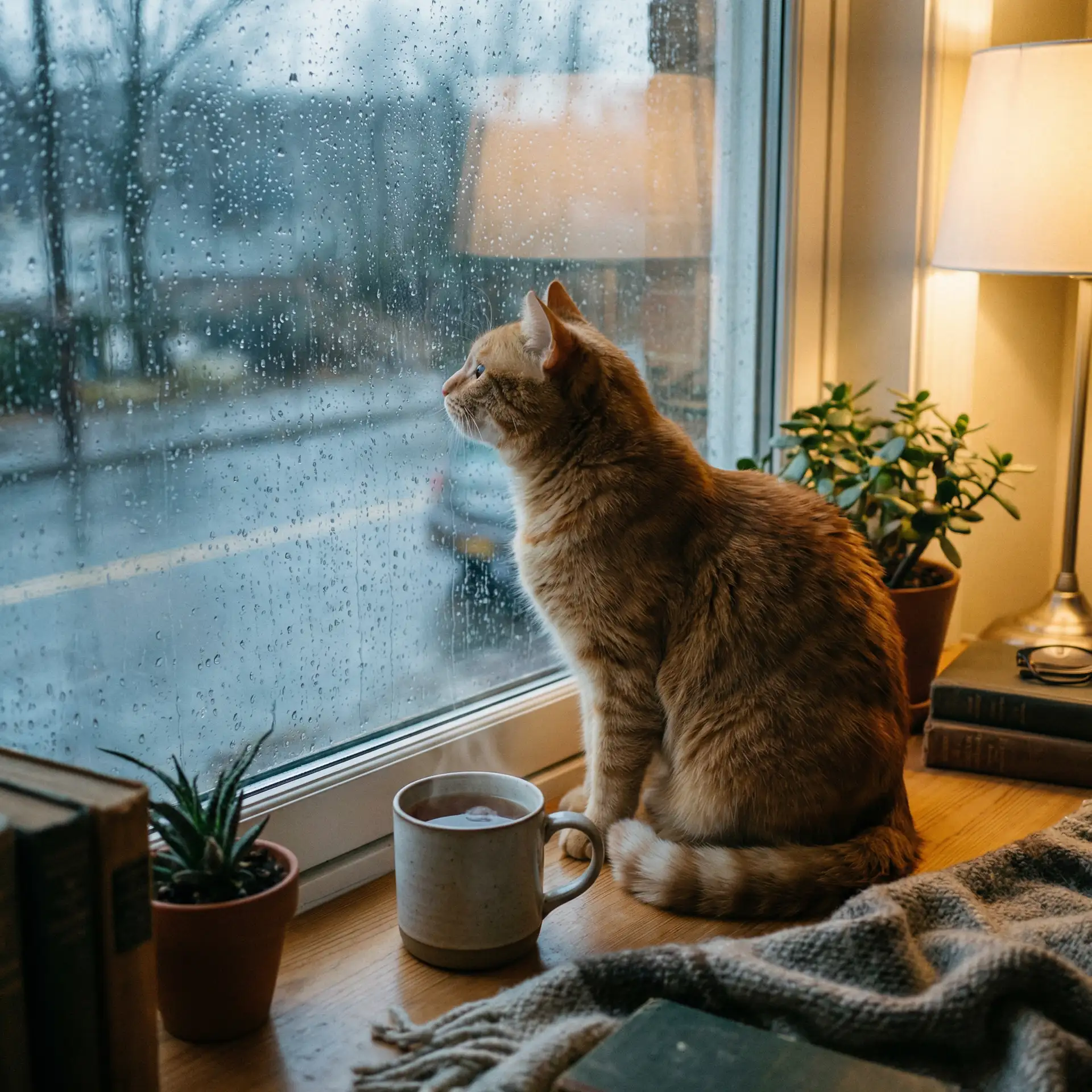 猫咪望着窗外的雨 - 自慰高潮